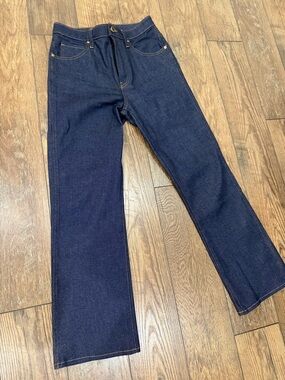 KHAITE Dark Indigo Denim Jeans with Contrast Gold Stitching